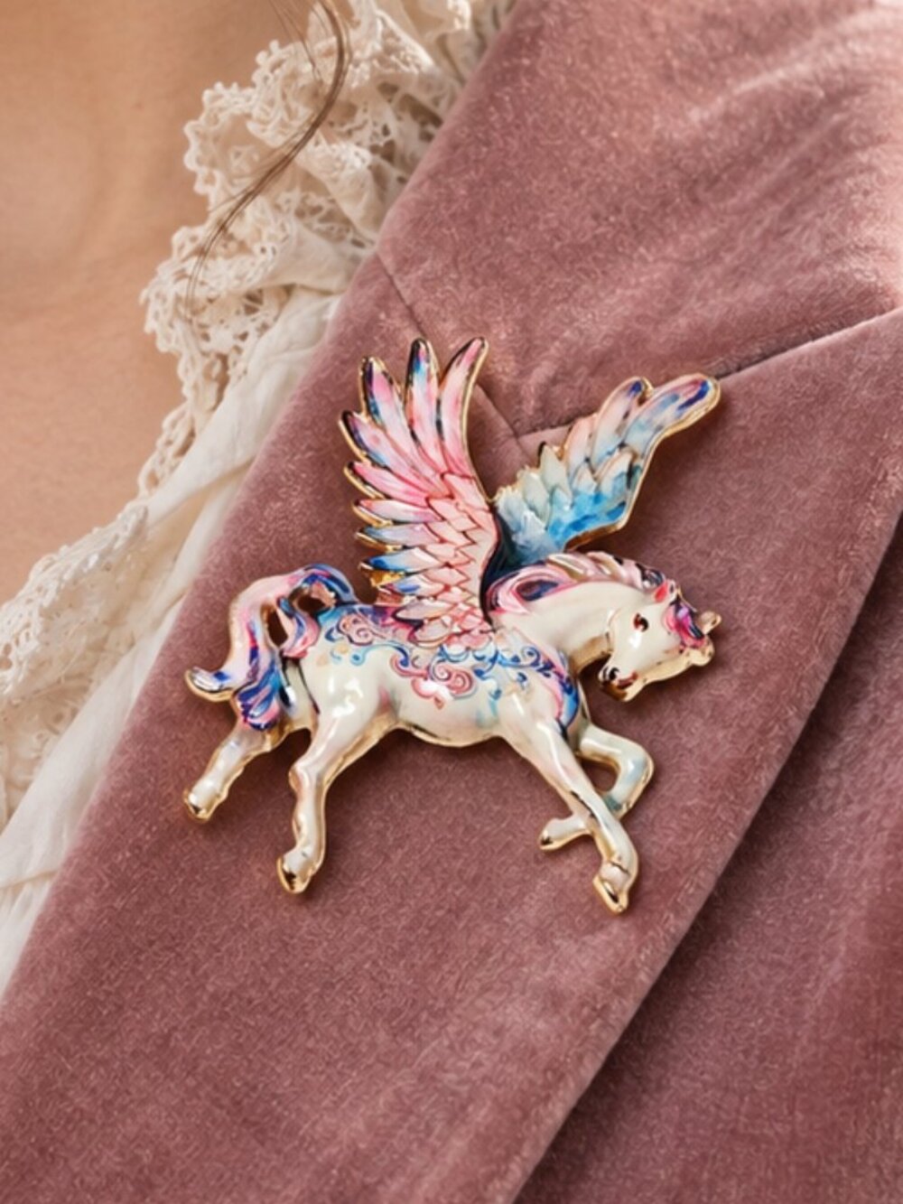 Pegasus Winged Horse Brooch Pin Pink Blue Enamel Fantasy Celestial Jewelry